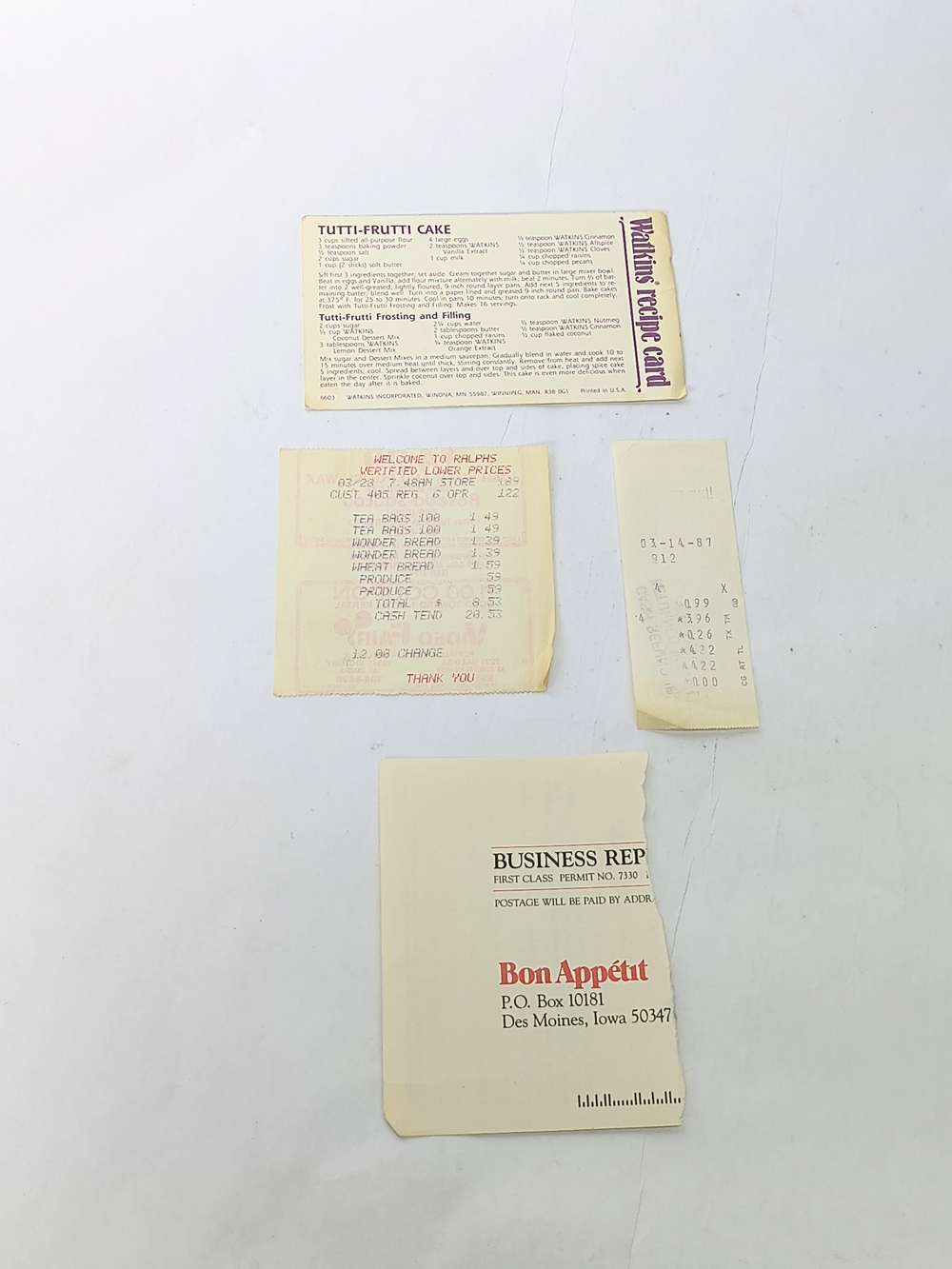 VINTAGE 1980s Ralphs Receipts Watkins Recipe Card Bon Appetit Subscription Card